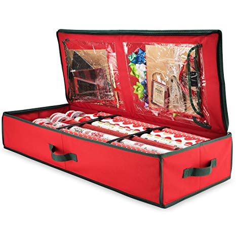 ZOBER Premium Wrap Organizer, Interior Pockets, fits 18-24 Standers Rolls, Underbed Storage, Wrapping Paper Storage Box and Holiday Accessories, 40” Long - Tear Proof Fabric - 5 Year Warranty