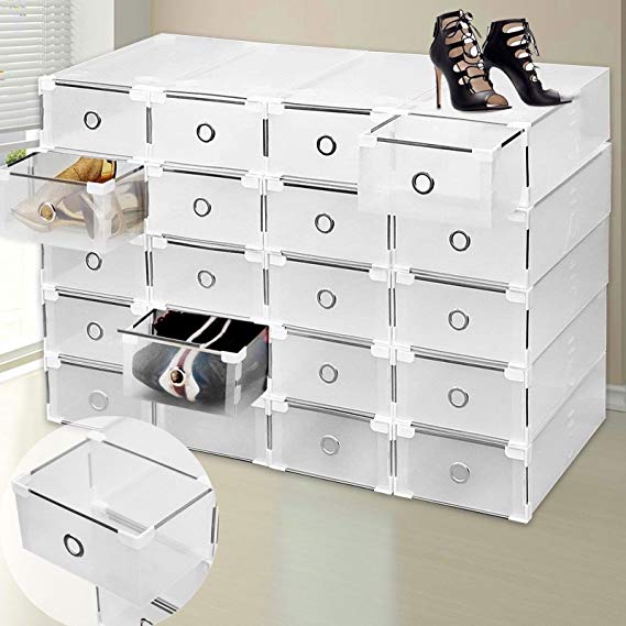 Shoe Rack Organiser 9 Plastic Drawer Shoe Storage Box Clear Stackable Shelf Transparent Folding High Quality Large Size Cabinet Unit for Women & Men - Clear