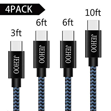 USB Type C Cable, 4Pack 3FT 6FT 6FT 10FT Nylon Braided USB A to USB C Charger Cable Fast Charging Cord Cable for Samsung Galaxy S8 Plus, LG G5 G6 V30, HTC 10, Google Pixel XL