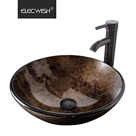 Elecwish, Bathroom Artistic Vessel Sink, Modern Round Tempered Glass Basin, Oil Rubbed Bronze Faucet, Pop-up Drain Combo