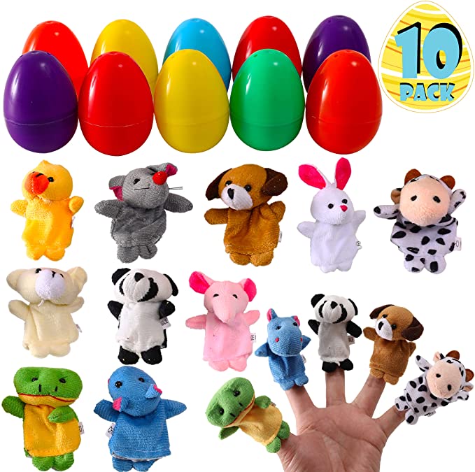 FiGoal 10 Pack Finger Puppet with 2.5 inch Easter Egg Farm Animal Assorted Collectible Party Favors Decoration Classroom Games Prizes Carnivals School Supplies Gifts Egg Hunting Theme Basket Stuffers
