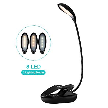 TOPELEK Reading Light, 8 LED Book Light with 3 Colors, 12 Brightness, Micro USB Rechargeable Clip On Lamp with Flexible Goose Neck, Dual Hinge for Night Reading, Kids and Bookworm