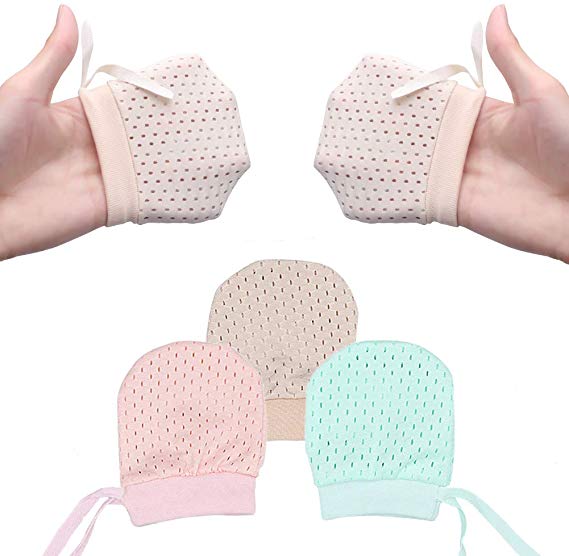 Ehdching Pack of 3 Baby Mesh Gloves Cotton No Scratch Mittens for Unisex 0-12 Months Newborn Infant