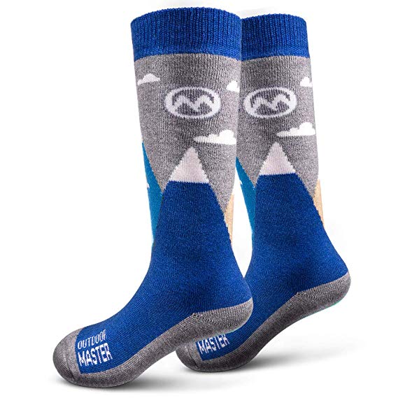 OutdoorMaster Kids Ski Socks - Merino Wool Blend, OTC Design w/Non-Slip Cuff