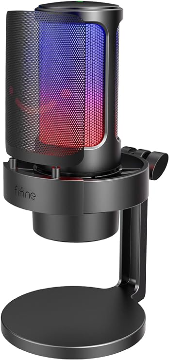 FIFINE Gaming Streaming Microphone, USB PC Desktop Mic with Controllable RGB, Mute Tap, Monitoring Headphone Jack, Gain Knob on Mac/PS4/PS5, Computer Condenser Mic for Video Podcasting Chatting-A8