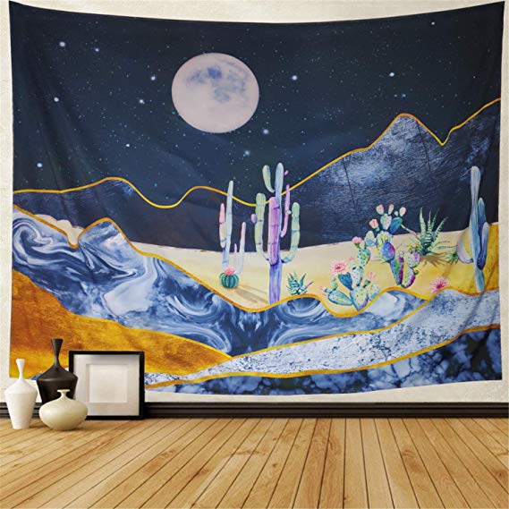 Ameyahud Cactus Tapestry Moon and Cactus Wall Hanging Tapestry Watercolor Psychedelic Mountain Desert Cactus Plant Printed Tapestry for Bedroom Living Room Dorm Room