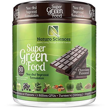 100% Natural Greens Powder, Over 10 Hard to Get Superfoods, Greens Supplement Powder 1 Month's Supply, Green Organic Blend with 1 Billion CFU Probiotics and 500mg Turmeric, Chocolate Flavor, 30 Svgs.