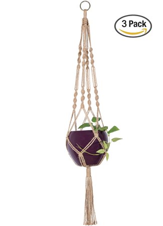 Mkono 3Pcs Macrame Plant Hanger Indoor Outdoor Hanging Planter Basket Jute Rope 4 Legs 34 Inch