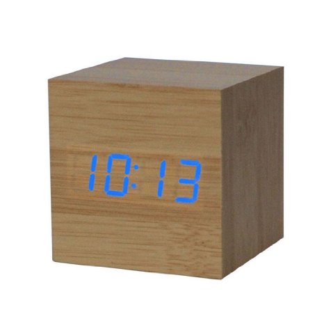 TOOPOOT Digital LED Bamboo Wood Desk Alarm Clock (Blue)