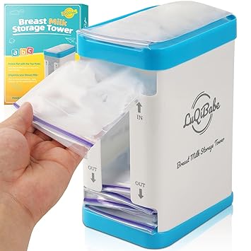 Milk Bag Storage Rack (Blue and White) - Breast Milk Storage Tower Freezes Breast Milk Bags Flat - Store and Organize More Than 10 Milk Bags - First-in, First-Out Breastmilk Bag Organizer for Freezer