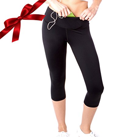 Sport-It Women's Yoga Capri Leggings with Pocket, Black Workout Capris Pants
