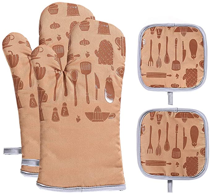 VANORIG Oven Mitts and Potholders Sets 4pcs 500°F Heat Resistant Oven Gloves with Terry Lining Non-Slip Silicone Oven Mitt for Kitchen Cooking Baking BBQ（Khaki）