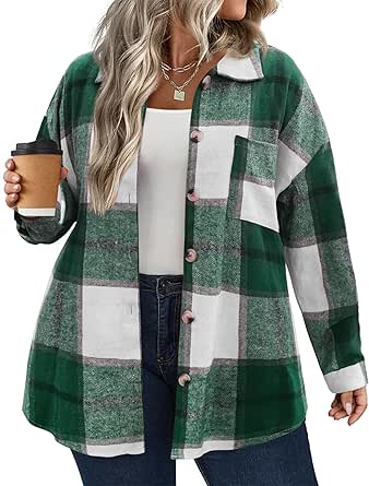 IN'VOLAND Women's Plus Size Plaid Shacket Long Sleeve Button Down Flannel Shirts Casual Jacket Coats