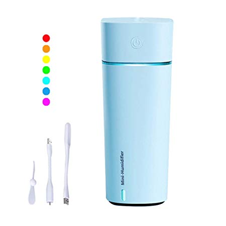 NUMIFUN Portable Humidifiers 240ml Personal Smalll Ultrasonic Cool Mist Mini USB Humidifier with Fan and Light Auto Shut-Off 7 LED Color Light for Bedroom Home Office Car Travel Plant (Blue)