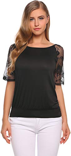 UNibelle Womens Floral Lace Top Fitted Casual V Neck Short Sleeve Blouse
