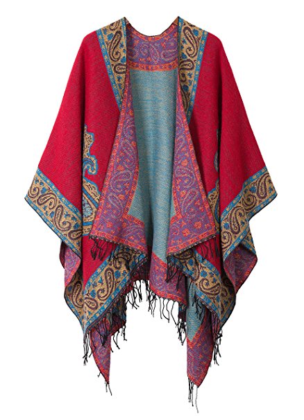 Women's Fashionable Retro Style Vintage Pattern Tassel Poncho Shawl Cape