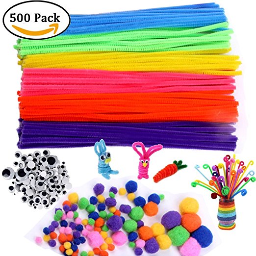 500Pcs Pipe Cleaners Craft Set,Including 100 Pcs Chenille Stems 200 Pcs Pom Poms Craft 200 Pcs Wiggle Googly Eyes Self Adhesive,Assorted Colors and Assorted Sizes for DIY Art Craft