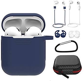 7 in 1 Accessory Kit - Charging Case Protective Cover, 2 Pairs of Silicone Earbud Skin Covers, 2 Earphone Straps, Hard Case Pouch with Keychain compatible with Apple AirPods 2 & 1 [ 7 Pcs AirPod Set ]