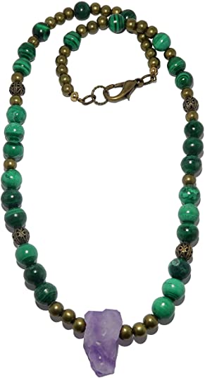 SatinCrystals Amethyst Malachite Necklace Raw Purple Point Green Gemstone Beaded Statement Jewelry Natural B02