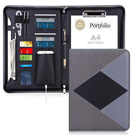 FYY Padfolio Case Portfolio, Premium Leather Zippered Conference Folder Document Organizer with Internal Pockets for iPad/Tablet (up to 12.9"), Card Holders and A4 Size Notepad Grey
