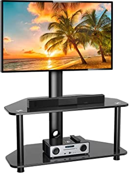 Swivel Floor TV Stand/Base for 32-55 Inch TVs-Universal Corner TV Floor Stand with Storage Perfect for Media-Height Adjustable Entertainment Stand with Tempered Glass&Cable Management, VESA 400x400mm