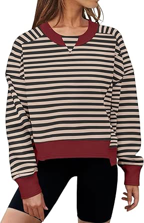 MEROKEETY Women's Striped Color Block Cropped Sweatshirts Oversized Crewneck Long Sleeve Sweater Y2K Shirt Tops