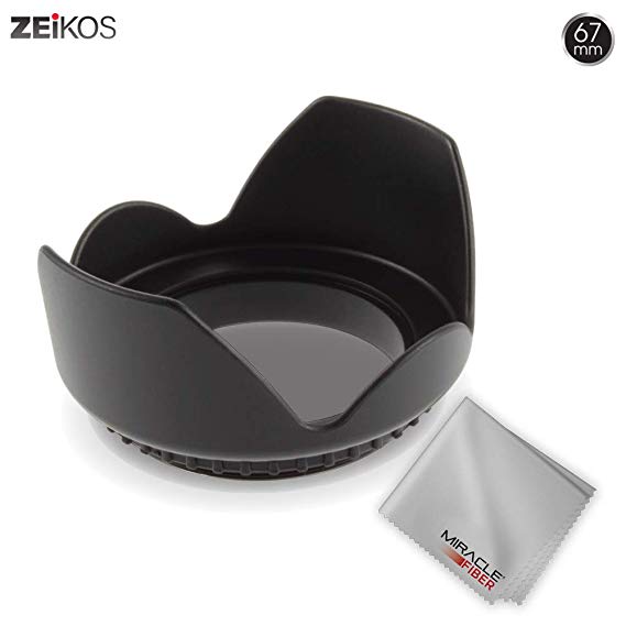 Zeikos 67MM Tulip Flower Lens Hood for Nikon, Canon, Sony, Sigma and Tamron Lenses, Comes with a Miracle Fiber Microfiber Cloth