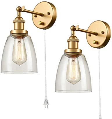 CALXY Industrial Brass Swing Arm Wall Sconces Set of 2 Glass Hardwired or Plug-in Bath Bedroom Wall Lamps