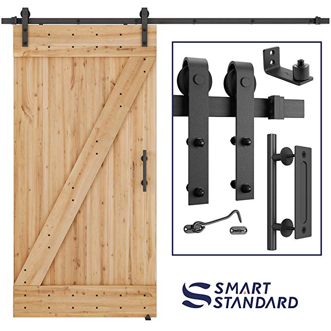 8 FT Heavy Duty Sturdy Sliding Barn Door Hardware Kit, 8ft Single Rail, Black, (Whole Set Includes 1x Pull Handle Set & 1x Floor Guide & 1x Latch Lock) Fit 42"-48" Wide Door Panel (J Shape Hanger)