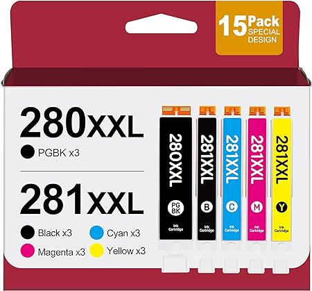 280XXL 281XXL Ink Replacement for Canon 280 281 Ink Cartridges Work for TR8520 Ink Cartridges TR8620 TR8620A TR7520 TS8220 TS6120 Printer, 15 Pack