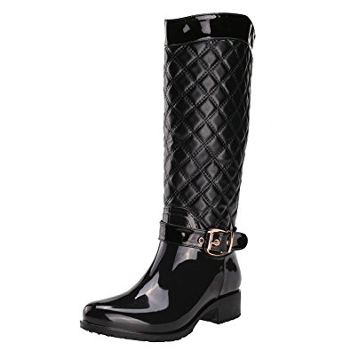 ALEXIS LEROY New Arrival Warm Winter Women Knee High Checkered Pattern Side Zip Rain Boots Shoes