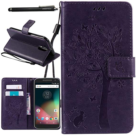 Moto G4 Case, Moto G4 Plus Case, Linkertech [Kickstand Feature] PU Leather Wallet Flip Pouch Case Cover with Wrist Strap & Card Slots for Moto G (4th Generation) / G4 Plus (Purple)