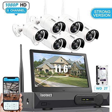 [Newest Strong Version]All in One with 11.6-inch Monitor Home Video Surveillance System, Wireless Security Camera System,Isotect 8CH Full HD 1080P Security Camera System 6pcs 1080P IP Cameras, 2TB HDD