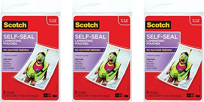 3 Pack of 5 Scotch 4 x 6 Inches Self-Sealing Laminating Pouches