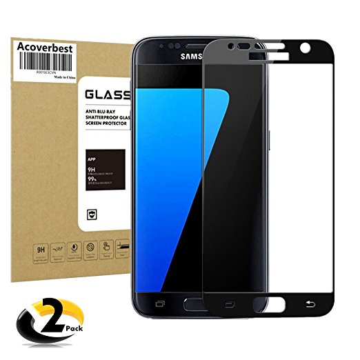 Samsung Galaxy S7 (Full Screen Coverage) Tempered Glass Screen Protector (2-Pack) ,Acoverbest Ultra Thin Protective Glass[Anti-Scratch][9H Hardness][Bubble Free](Black)