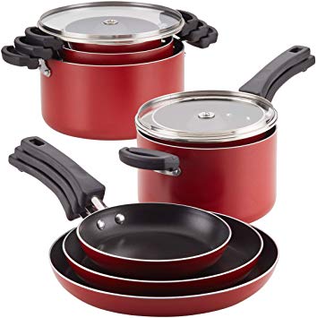 Farberware 22246 Neat Nest Space Saving 13-Piece Aluminum Cookware Set, Red