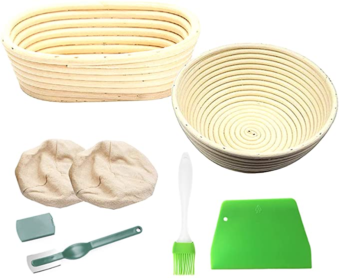 Bread Proofing Basket Set, Banneton Sourdough Natural Rattan Proofing Baskets, 9 Inch Round Basket   10 Inch Oval Bread Basket   Cloth Cover   Brush   Cutter   Scraper for Professional & Home Bakers