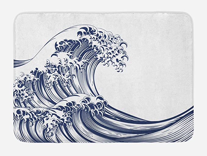 Ambesonne Japanese Wave Bath Mat, Oriental Vintage Wave Monochrome Kanagawa Inspired Antique Art, Plush Bathroom Decor Mat with Non Slip Backing, 29.5" X 17.5", Navy Blue