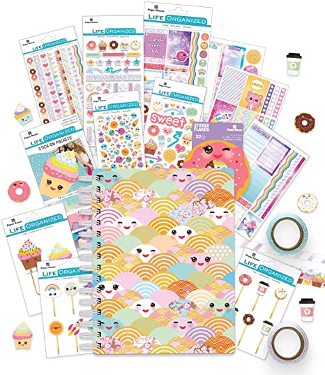 Paper House Productions SET0014 Kawaii Planner and Accessory Bundle includes 18 Month Undated Planner Stickers, Washi Tape, Planner Clips