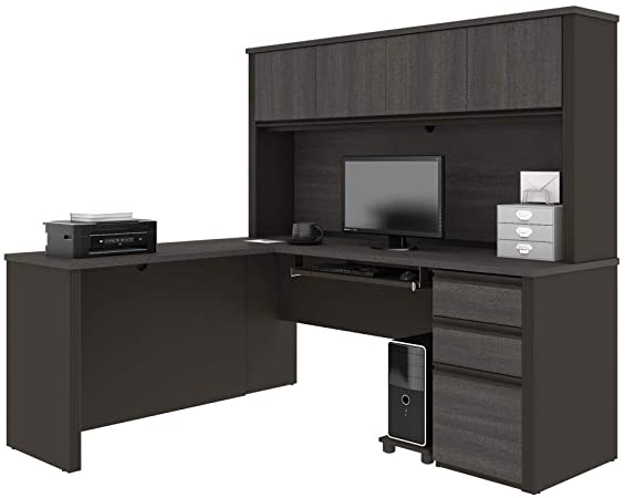 Bestar, Prestige Plus Collection, Modern L-Shaped Desk with Pedestal and Hutch