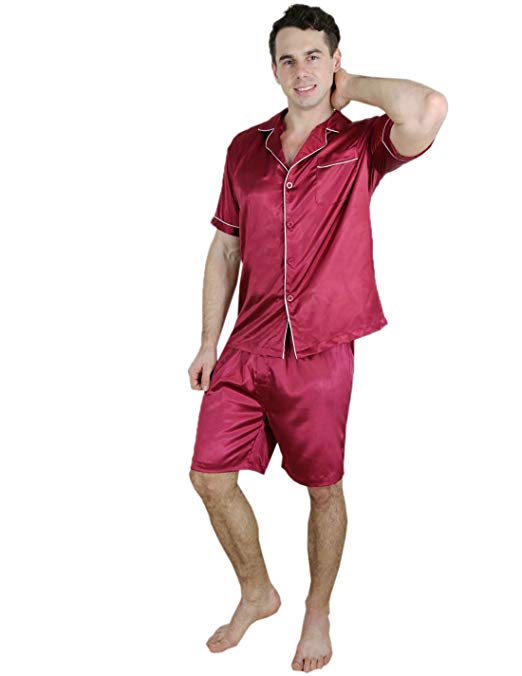 2 PCS Set Super Silk Mens Silk Pajama / Lounge Top & Shorts Set Burgundy