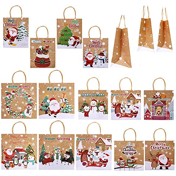 Supla 14 Pcs 3 Size Christmas Holiday Season Party Gift Bags Favour Bags Treats Bags Goodie Bags Gift Wrapping Ornament Kraft Brown Rustic Paper Bags Snowman Reindeer Santa Owl Sock Tree Gift Bags