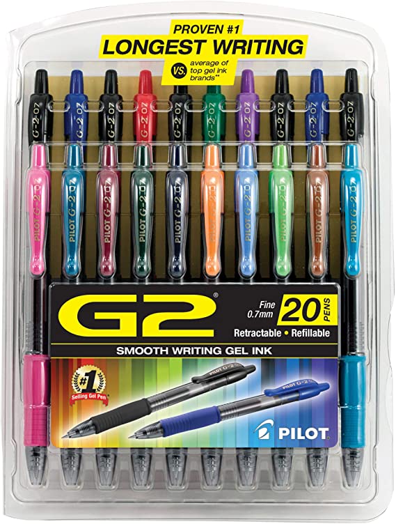 PILOT G2 Premium Refillable & Retractable Rolling Ball Gel Pens, Fine Point, Assorted Color Inks, 20-Pack (31294)