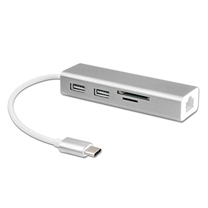 Type C to 2-Port USB Hub SD & MicroSD/TF Dual Card Reader   10/100/1000 Gigabit Ethernet Adapter,4 in 1 Multi Funtion Hub for PC Laptop Mac（Silver）