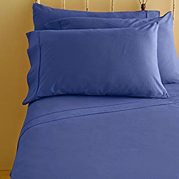 SRP Linen Real 300-Thread-Count Super Soft Extra Deep Pocket 4-Pieces Sheet Set Queen Solid Egyptian Blue Fit Up to 25" inches Deep Pocket