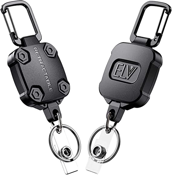 E LV Self Retractable ID Badge Holder Key Reel, Heavy Duty, 32 Inches Cord, Carabiner Key Chain Keychain, Hold Up to 15 Keys and Tools (2 Pack)