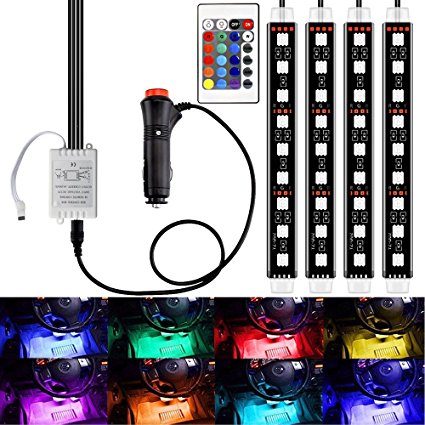 LED Interior Car Lights - HenLight 4pcs 7 Color RGB 36 LED Decorative Atmosphere Neno Lights Strip Waterproof Underdash Lighting Kit with Wireless Remote Control and Car Charge