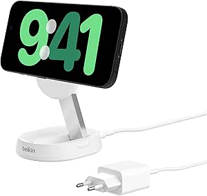 Belkin BoostCharge Pro chargeur sans fil magnétique et pliable, chargeur magnétique Qi2 15W, chargeur induction compatible MagSafe pour iPhone 15, 14, AirPods, adaptateur secteur 20W inclus - blanc