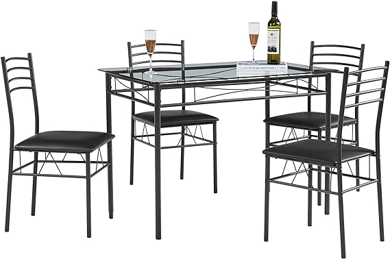 VECELO Kitchen Dining Room Table and Chairs [4 Placemats Included] 5-Piece Dinette Sets, Space Saving, Matte Black