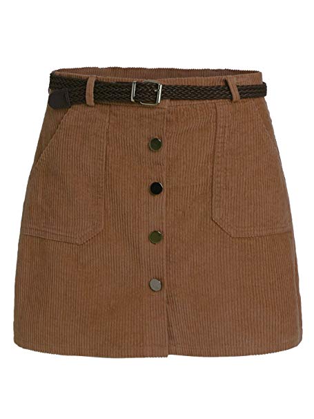 Romwe Women's Cute Mini Corduroy Button Down Pocket Skirt with Belt